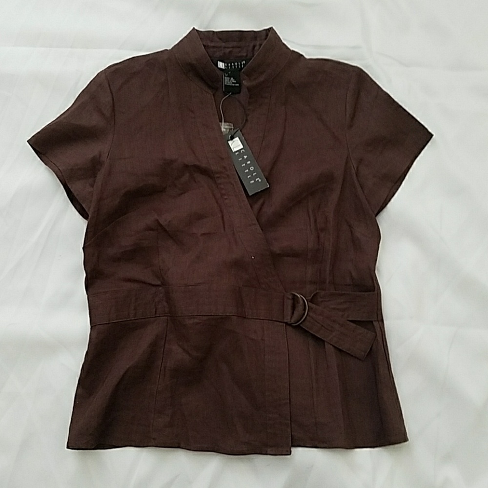Carole Little Linen Wrap Top Brown Medium NWT